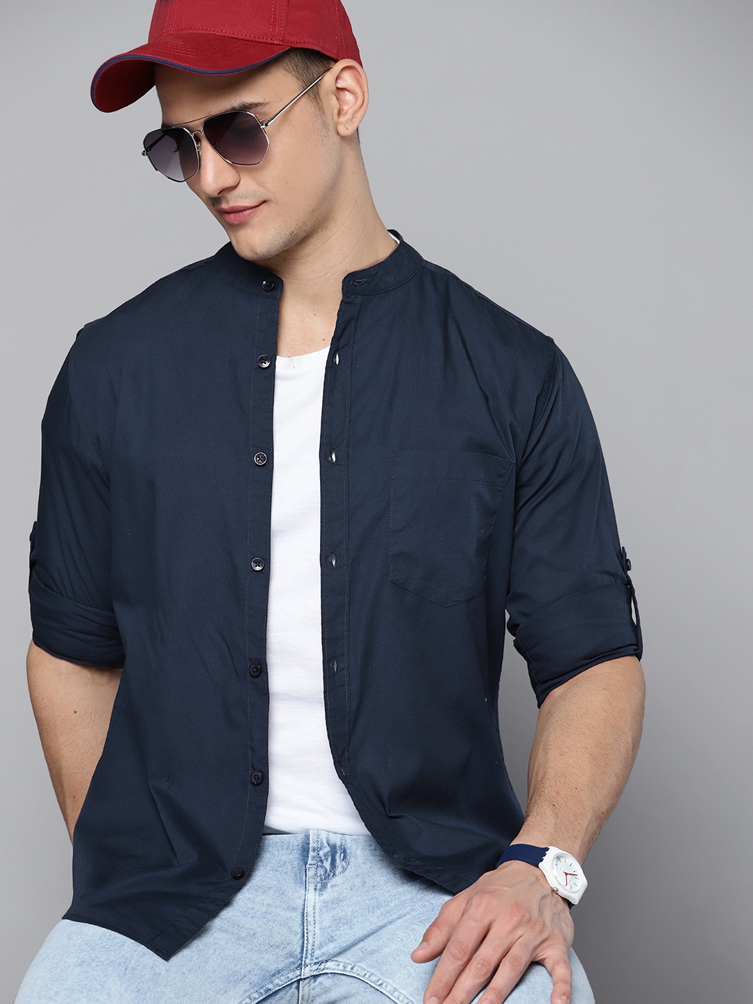 

Harvard Men Navy Blue Solid Pure Cotton Shirt