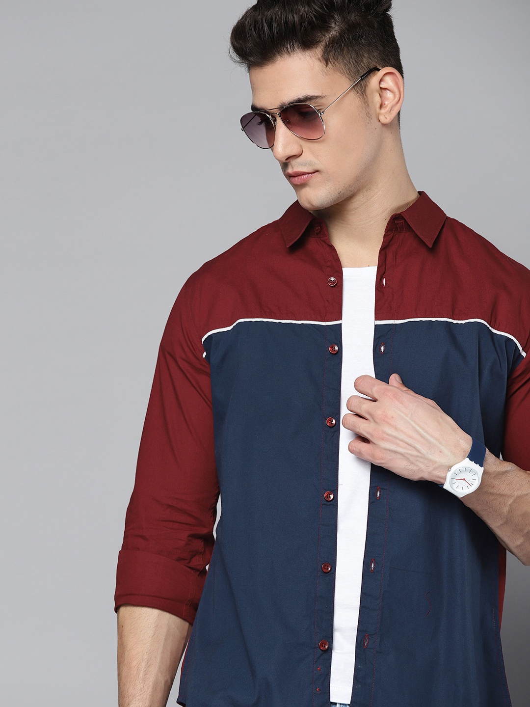 

Harvard Men Navy Blue & Maroon Colourblocked Pure Cotton Shirt