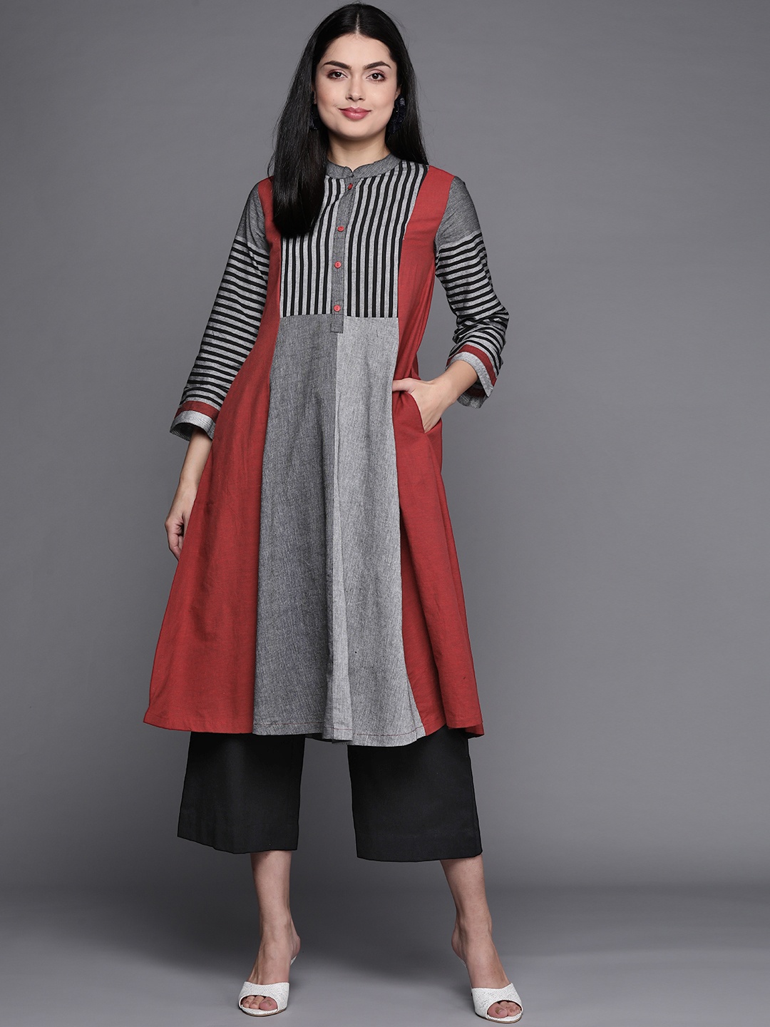 

Biba Women Maroon Striped Regular Pure Cotton Kurta with Palazzos