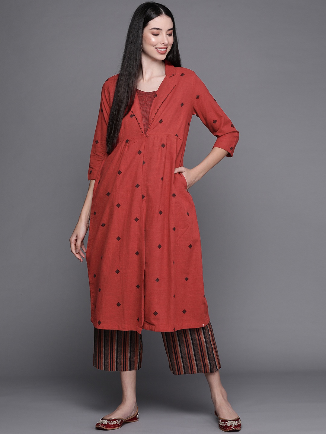

Biba Women Maroon & Black Cotton Printed Layered Pure Cotton Kurta with Palazzos & Jacket