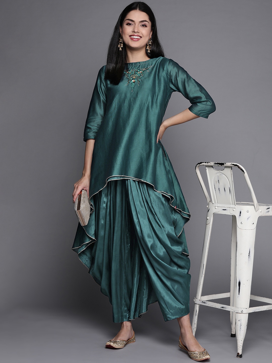 

Biba Women Teal Green Yoke Design Sequinned High-Low Kurta with Patiala Pants