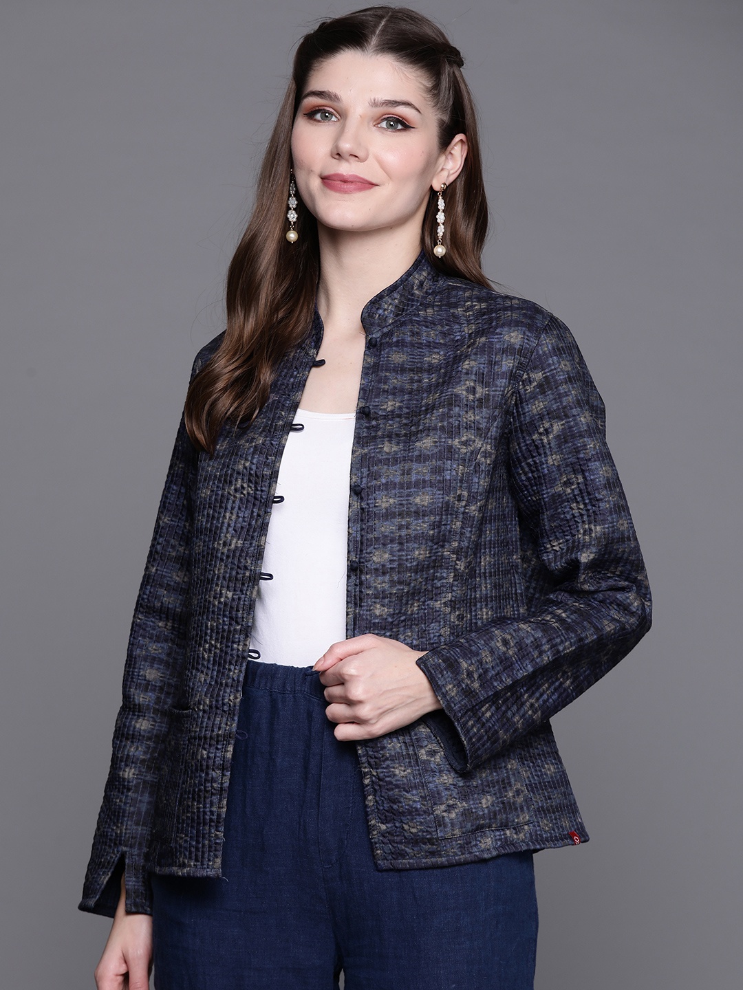 

Biba Women Navy Blue & Grey Tailored Jacket