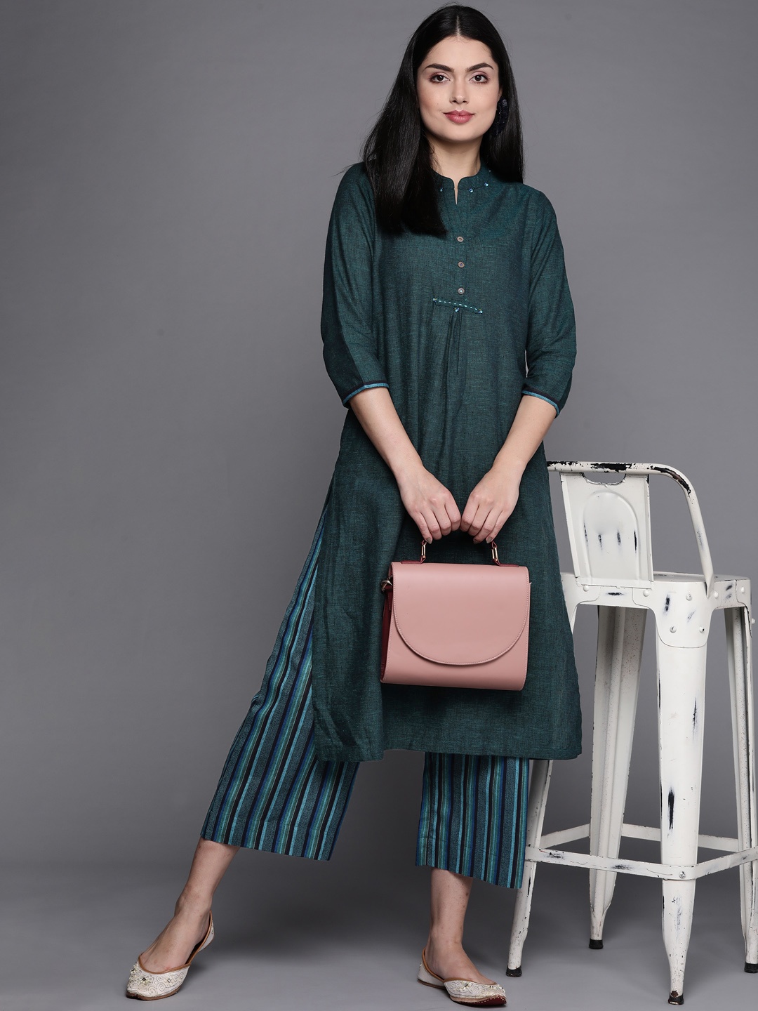 

Biba Women Teal Regular Pure Cotton Kurta with Palazzos