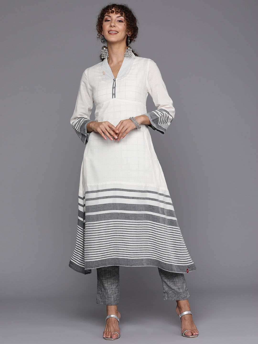 

Biba Women Striped Layered Cotton Kurta with Trousers, Off white