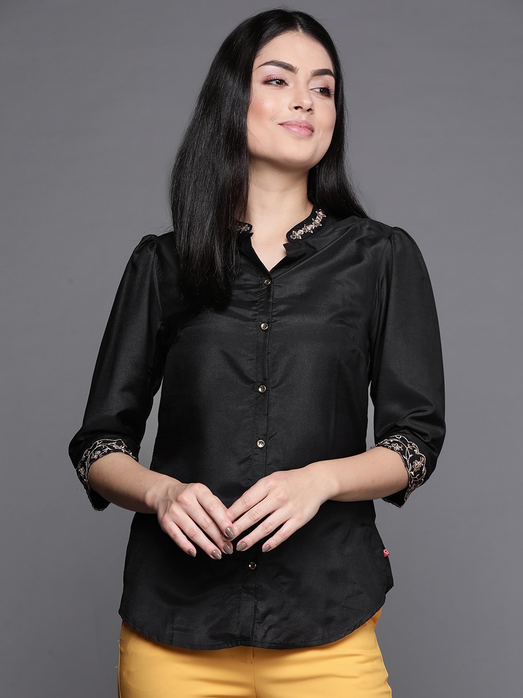 

Biba Women Black Opaque Casual Shirt with Ethnic Embellishment