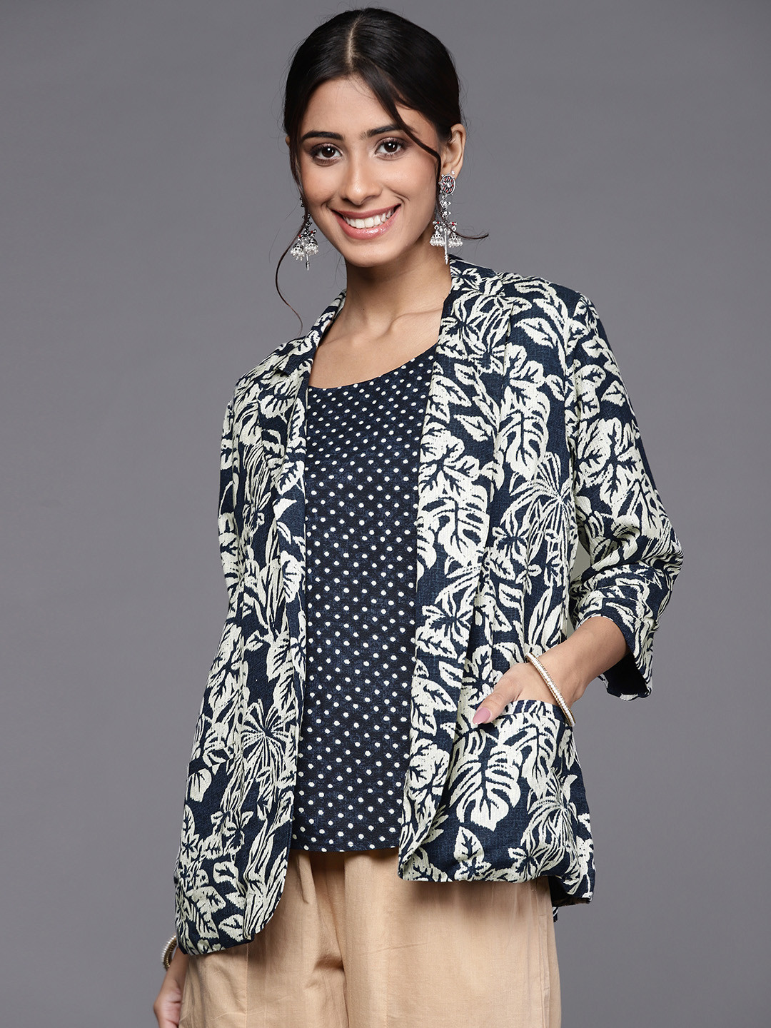 

Biba Women Navy Blue & Off White Floral Open Front Jacket
