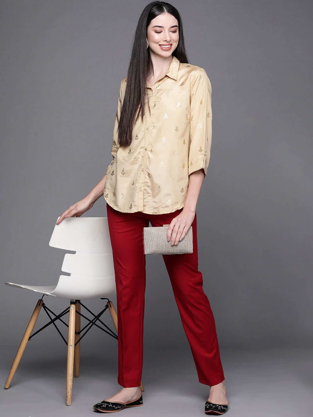 

Biba Women Beige & Gold Opaque Ethnic Print Casual Shirt