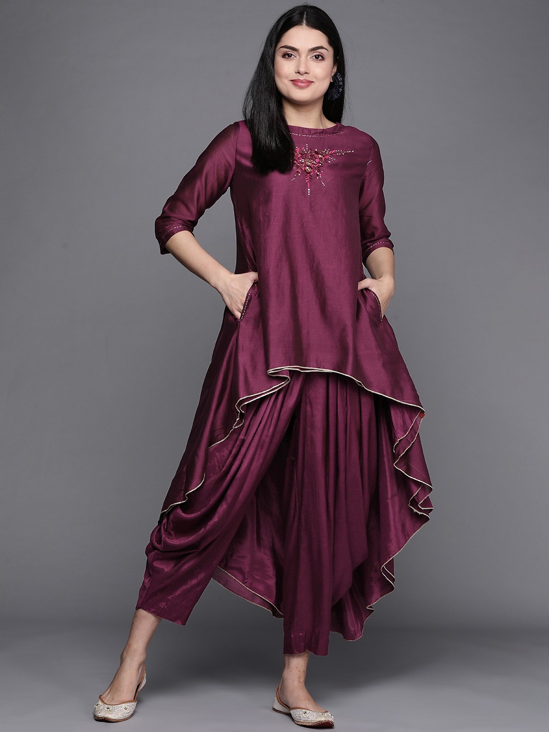 

Biba Women Burgundy Floral Embroidered Regular Beads and Stones Kurta with Dhoti Pants