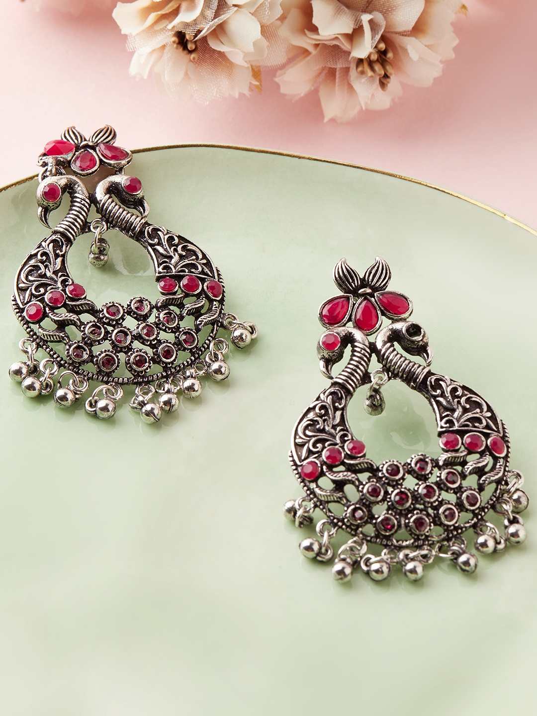 

Anouk Silver-Toned & Magenta Teardrop Shaped Chandbalis Earrings