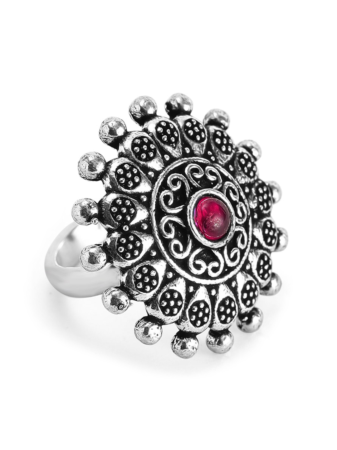 

Anouk Oxidized Silver-Toned Pink Stone-Studded Adjustable Finger Ring