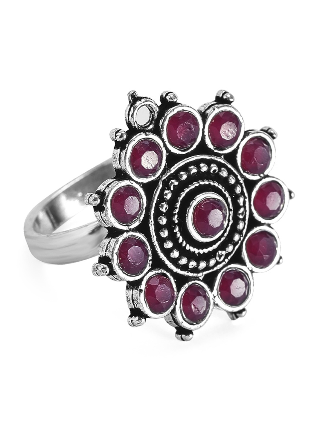 

Anouk Oxidized Silver-Toned Pink Stone-Studded Adjustable Finger Ring