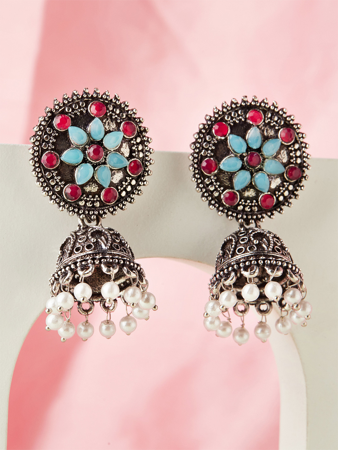 

Anouk Silver-Toned & Blue Dome Shaped Jhumkas Earrings