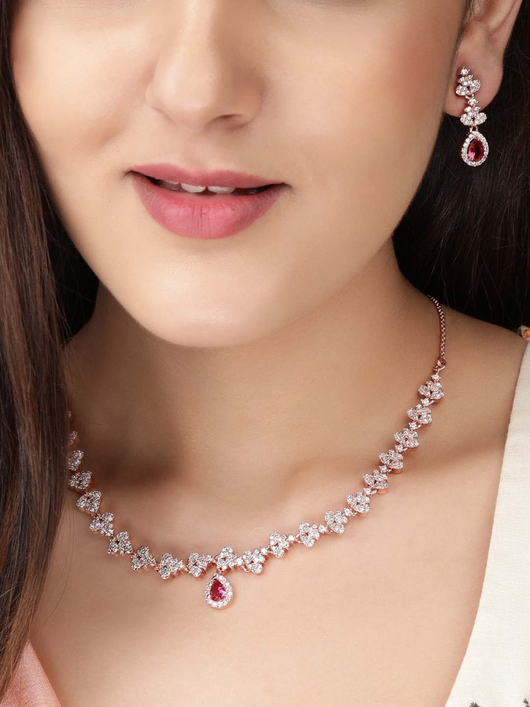 

Rubans Gold-Plated White & Pink CZ-Studded Handcrafted Jewellery Set