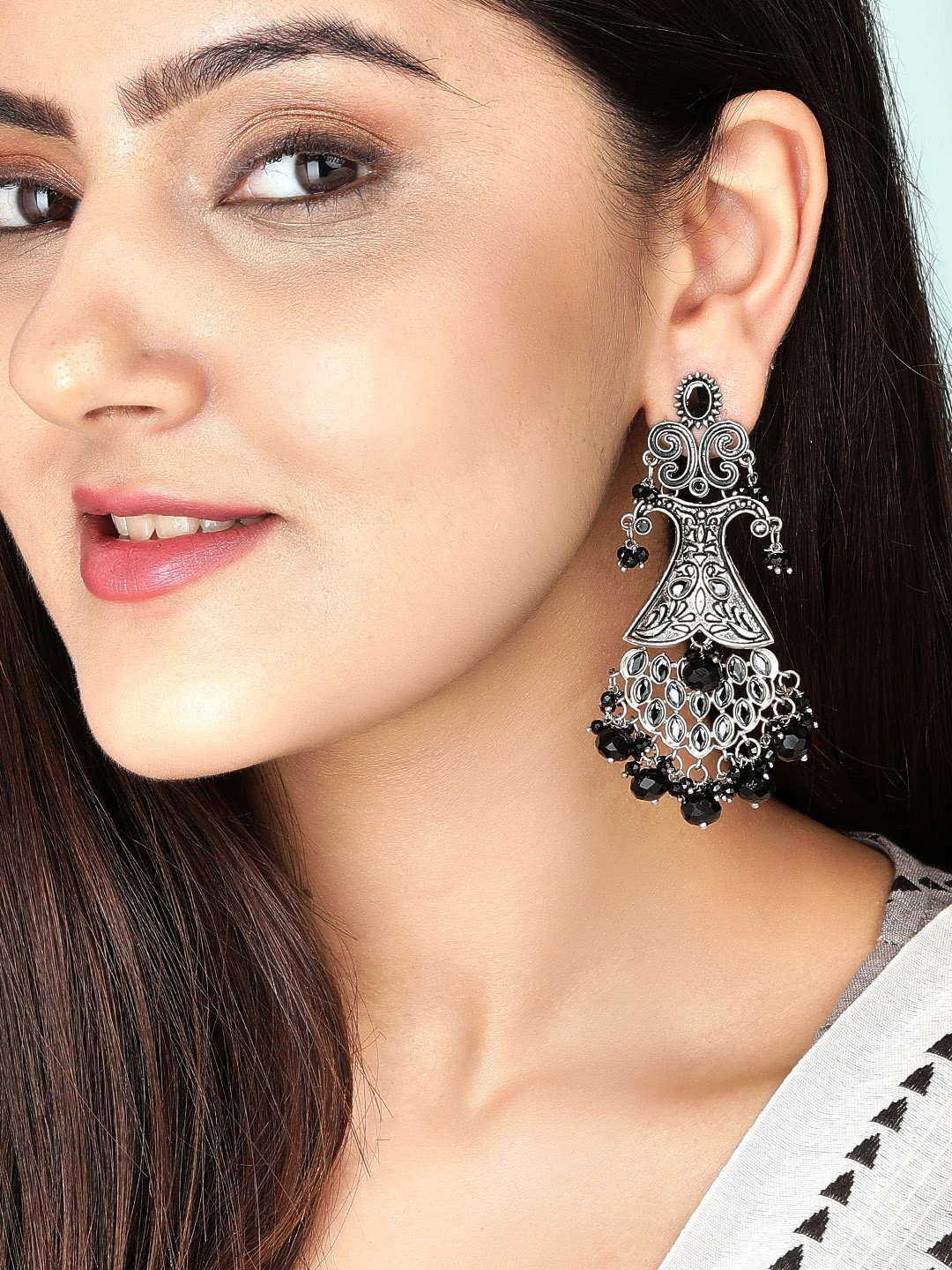 

Rubans Silver-Plated Stone Studded Drop Earrings