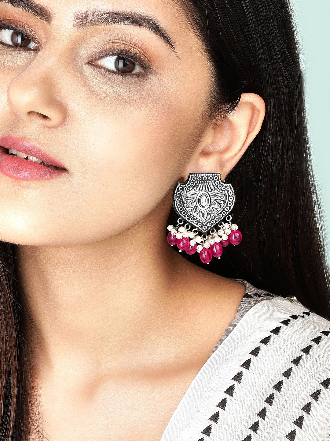 

Rubans Silver-Toned & Red Silver-Plated Crescent Shaped Studs Earrings