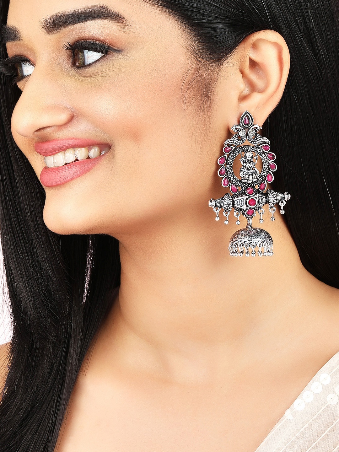 

Rubans Silver-Toned & Pink Dome Shaped Jhumkas Earrings