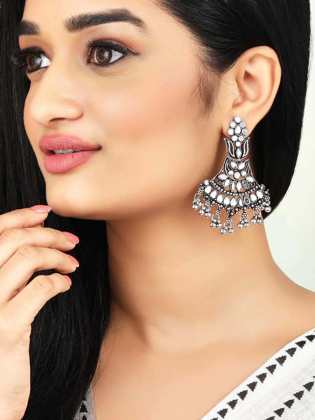 

Rubans Silver-Toned & Black Crescent Shaped Drop Earrings