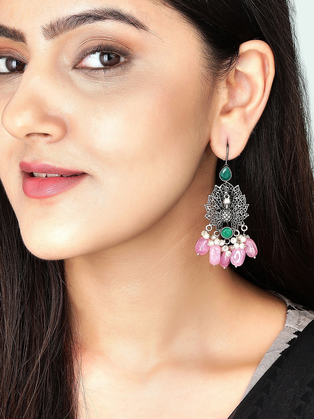 

Rubans Silver-Toned & Pink Peacock Shaped Jhumkas Earrings
