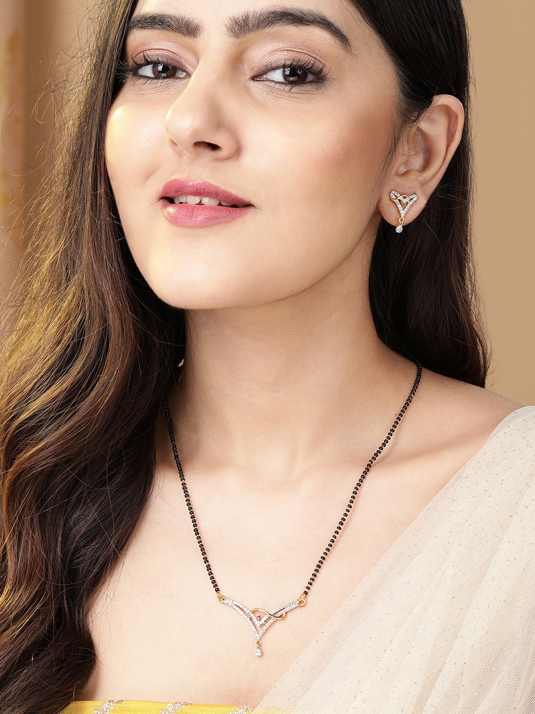 

Rubans Gold-Plated Black & White Stone-Studded & Beaded Mangalsutra