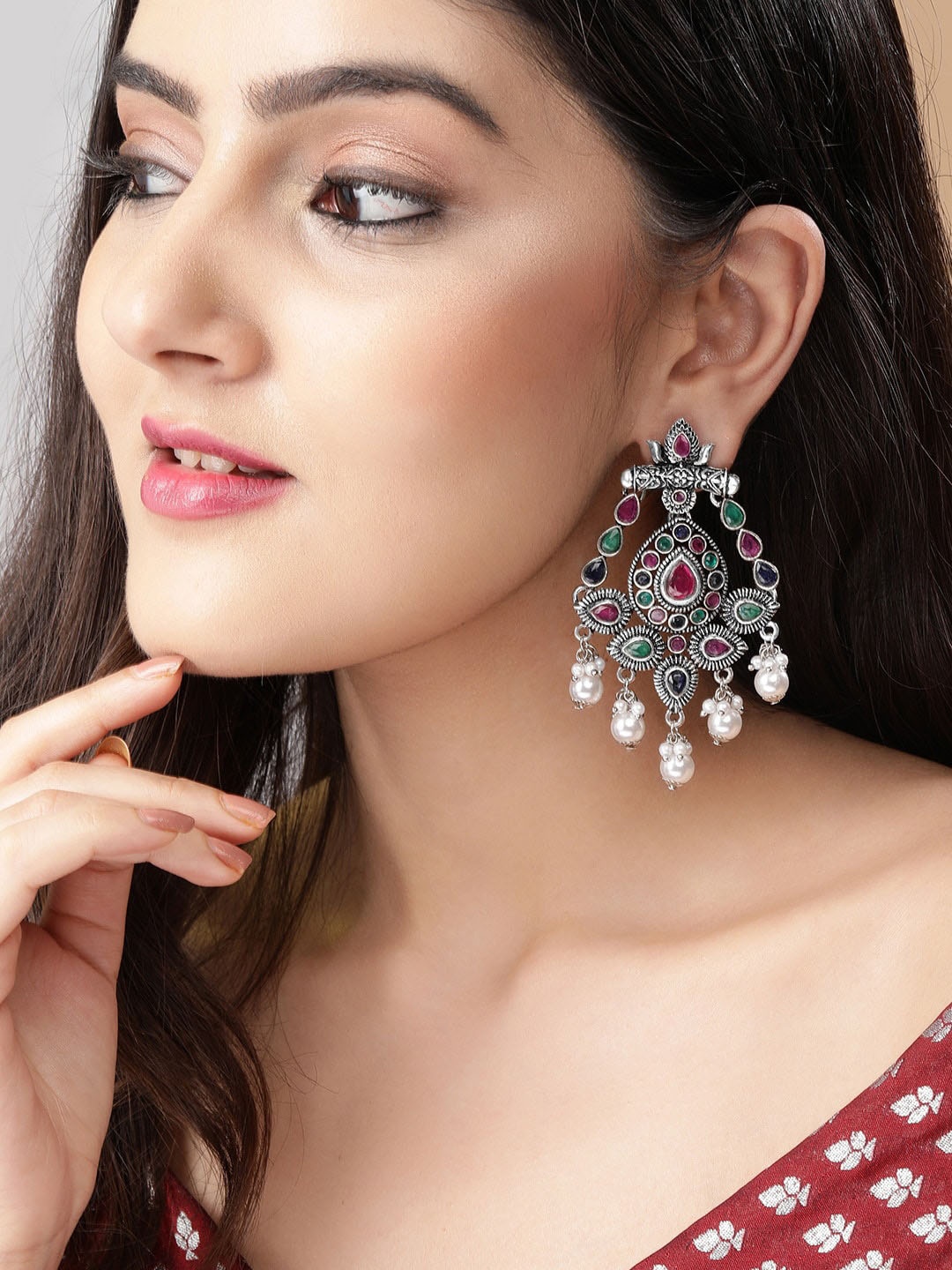 

Rubans Silver-Toned Silver-Plated Shaped Chandbalis Earrings