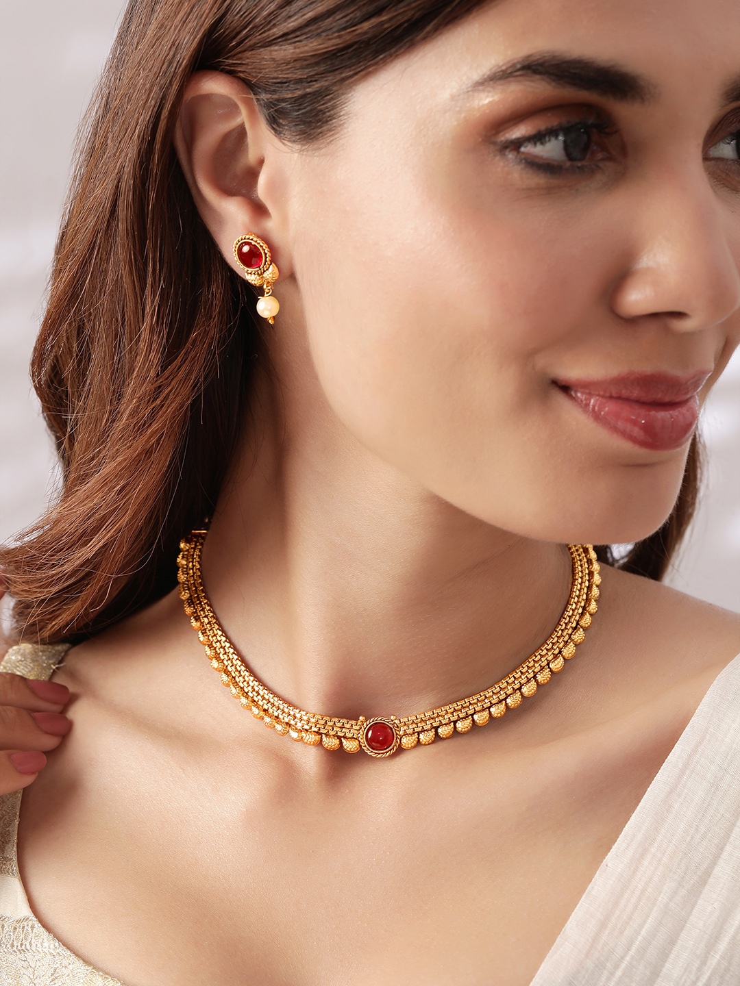 

Rubans Gold-Plated Ruby Studded & Pearl Drops Handcrafted Jewellery Set