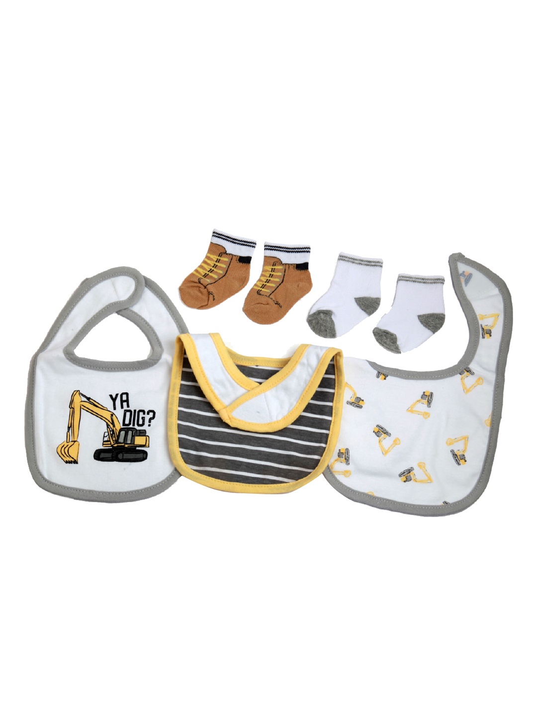 

Baby Moo Infants Pack of 3 Printed Bibs & 2 Socks, Yellow