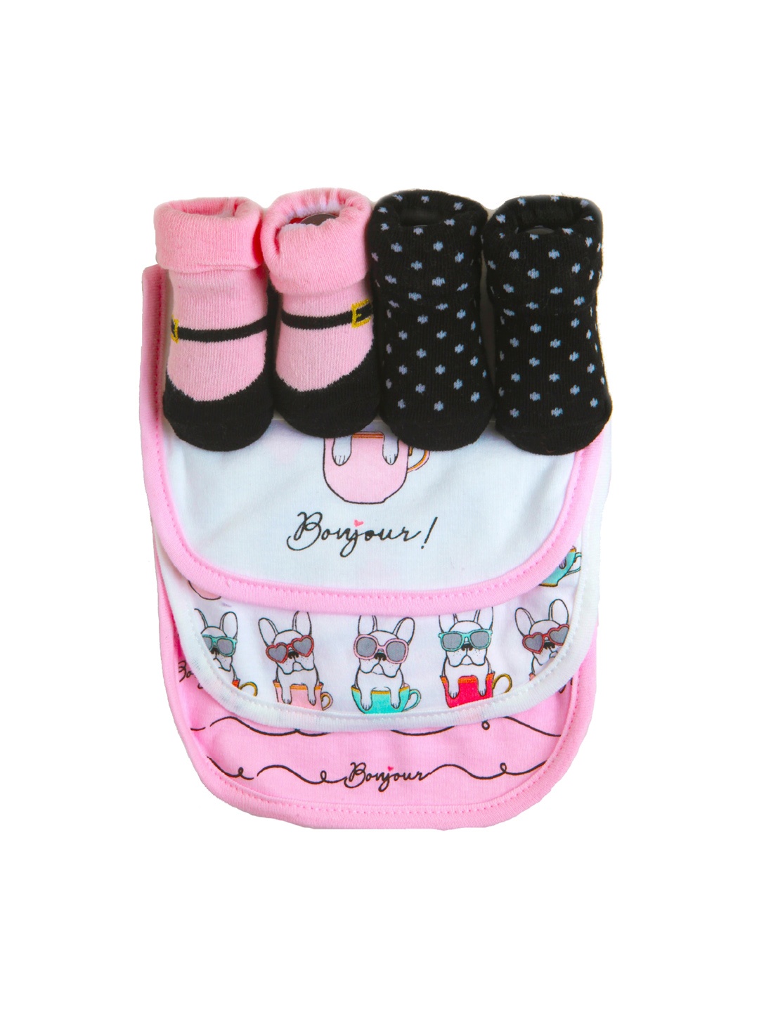 

Baby Moo Pink & Black Set of 5 Bibs and Socks