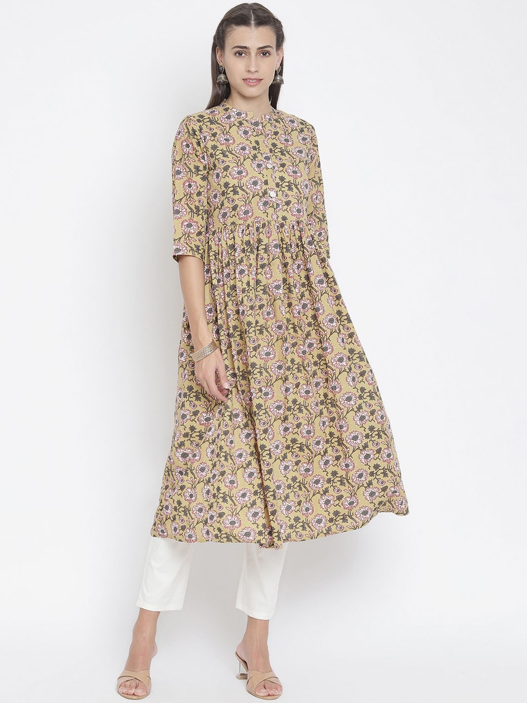 

Wodreams Women Mustard Yellow Floral Printed Floral Anarkali Kurta