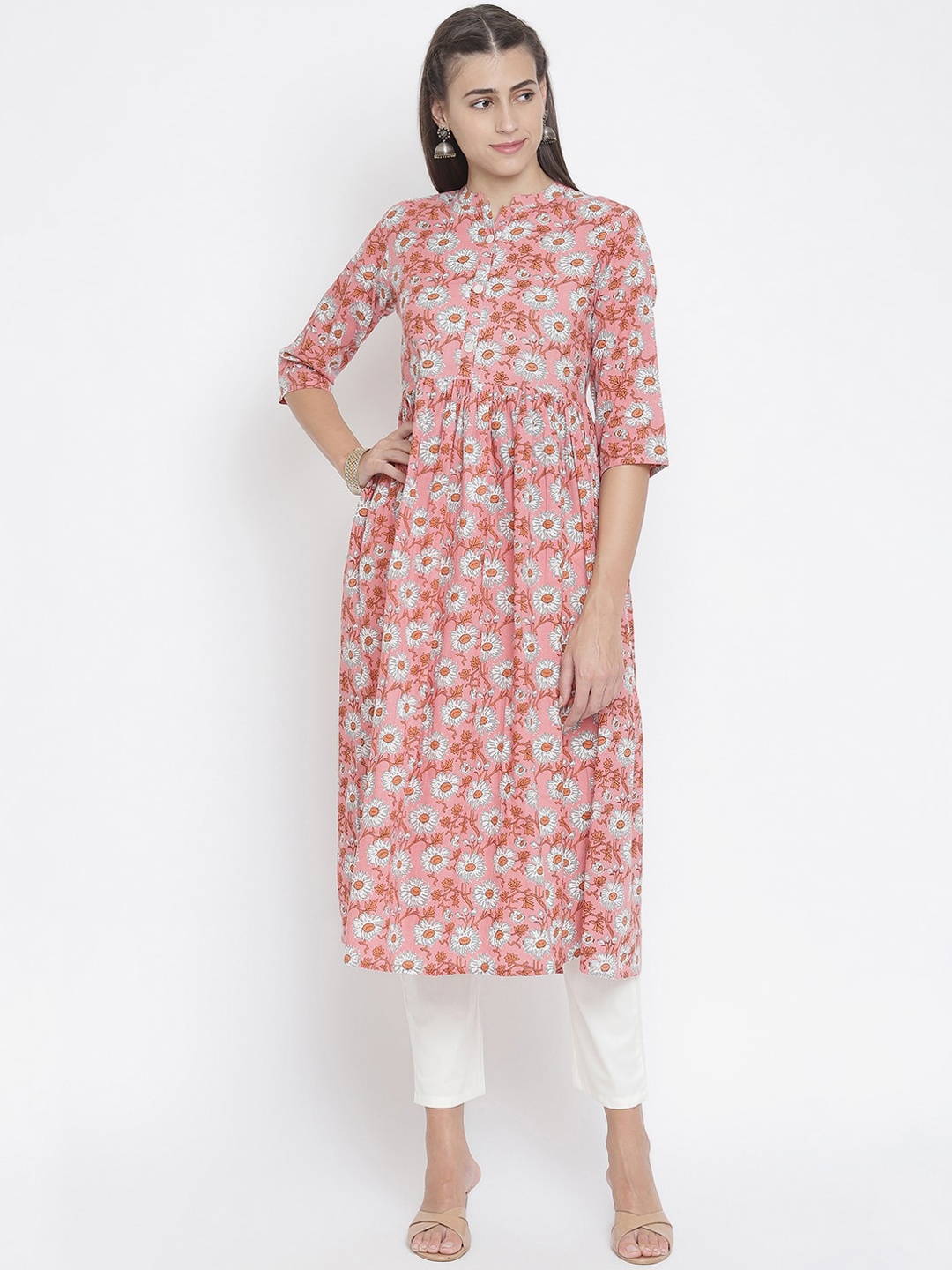 

Wodreams Women Pink & Mustard Yellow Floral Printed Floral Kurta