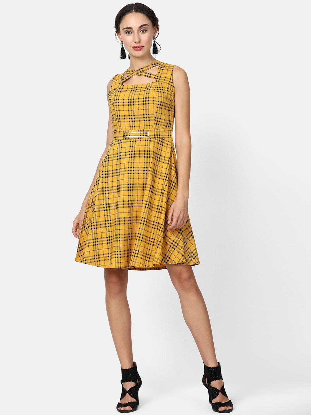 

V2 Value & Variety Mustard Yellow & Black Checked A-Line Dress