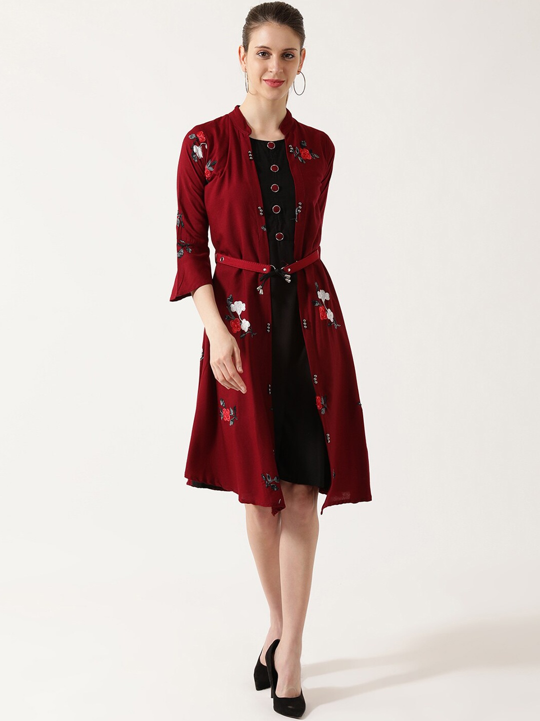 

V2 Value & Variety Maroon & Black Floral Embroidered Dress