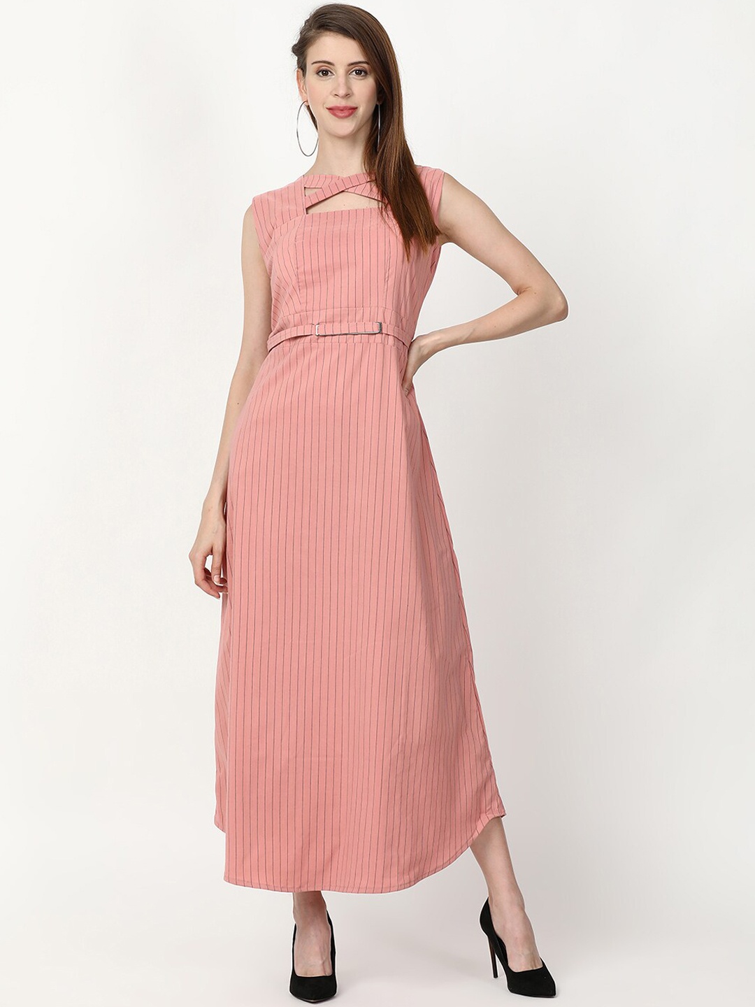 

V2 Value & Variety Peach-Coloured Striped A-Line Midi Dress