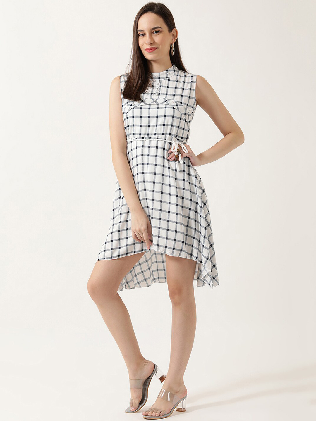 

V2 Value & Variety White & Navy Blue Checked A-Line Dress