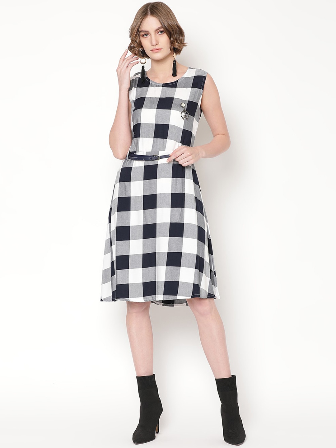 

V2 Value & Variety Navy Blue & White Checked Dress