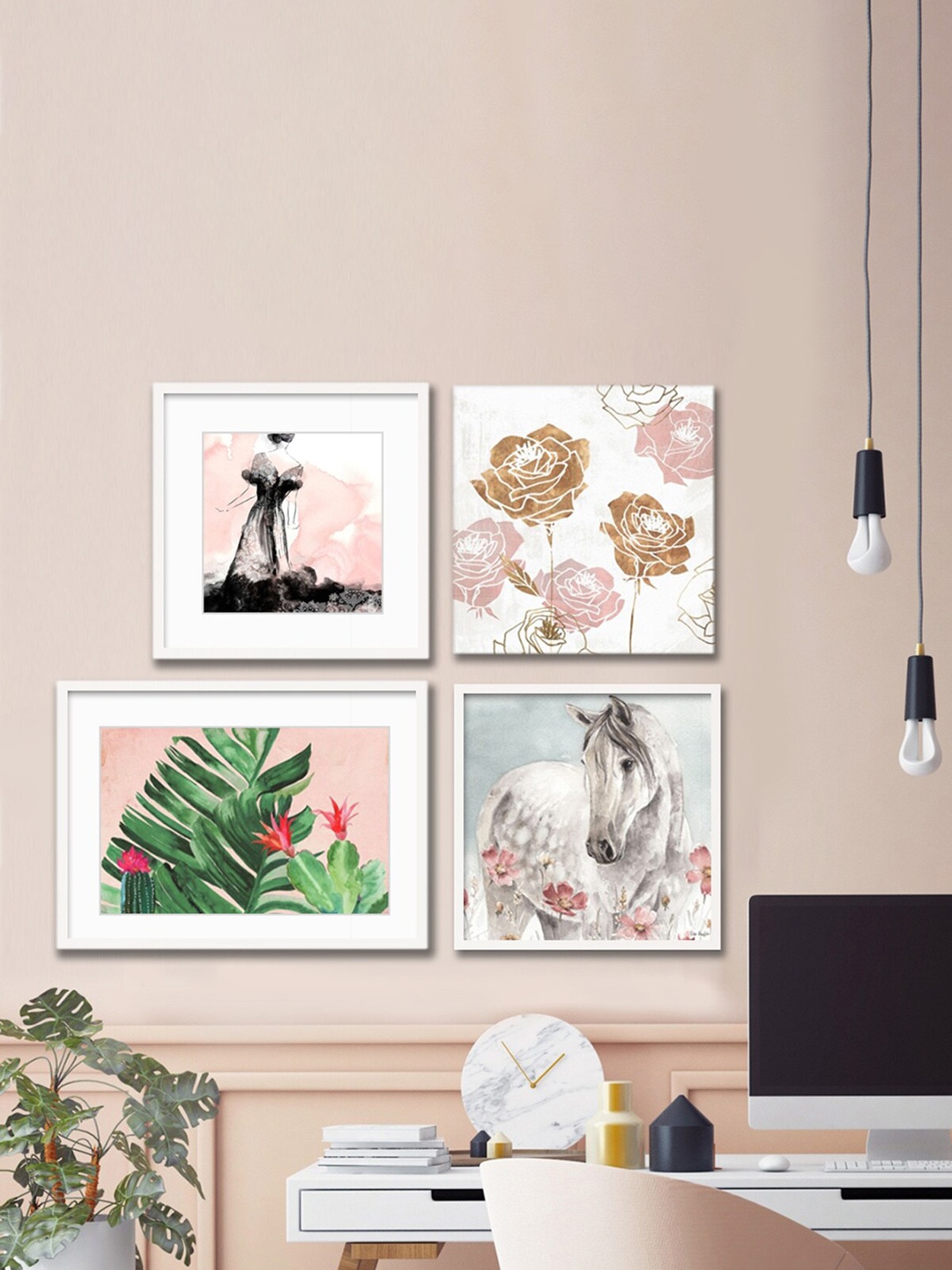 

Home Centre Green & Multicoloured Set Of 4 Wall Wood Photo Frames
