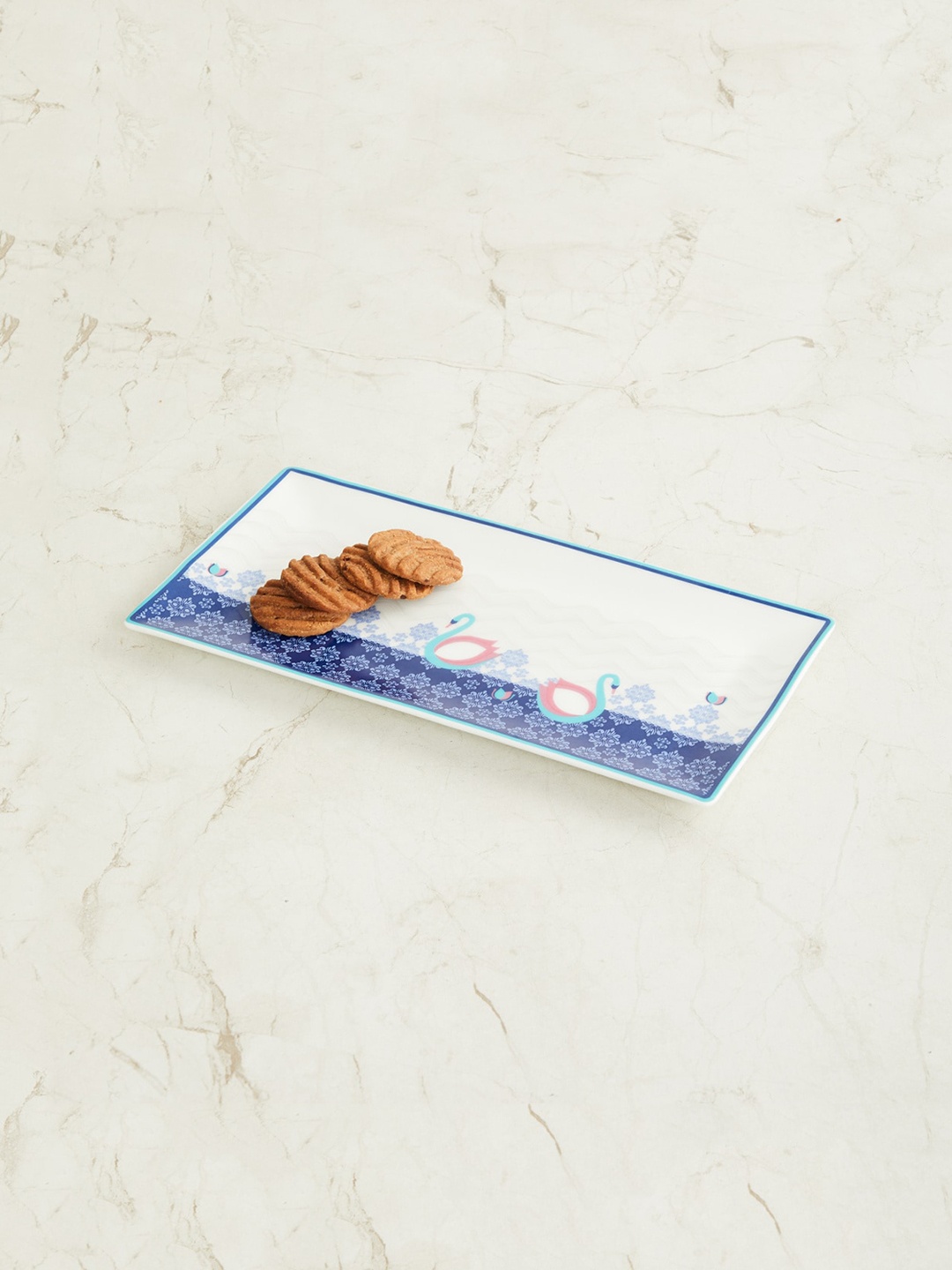 

Home Centre White & Blue Printed Rectangular Platter