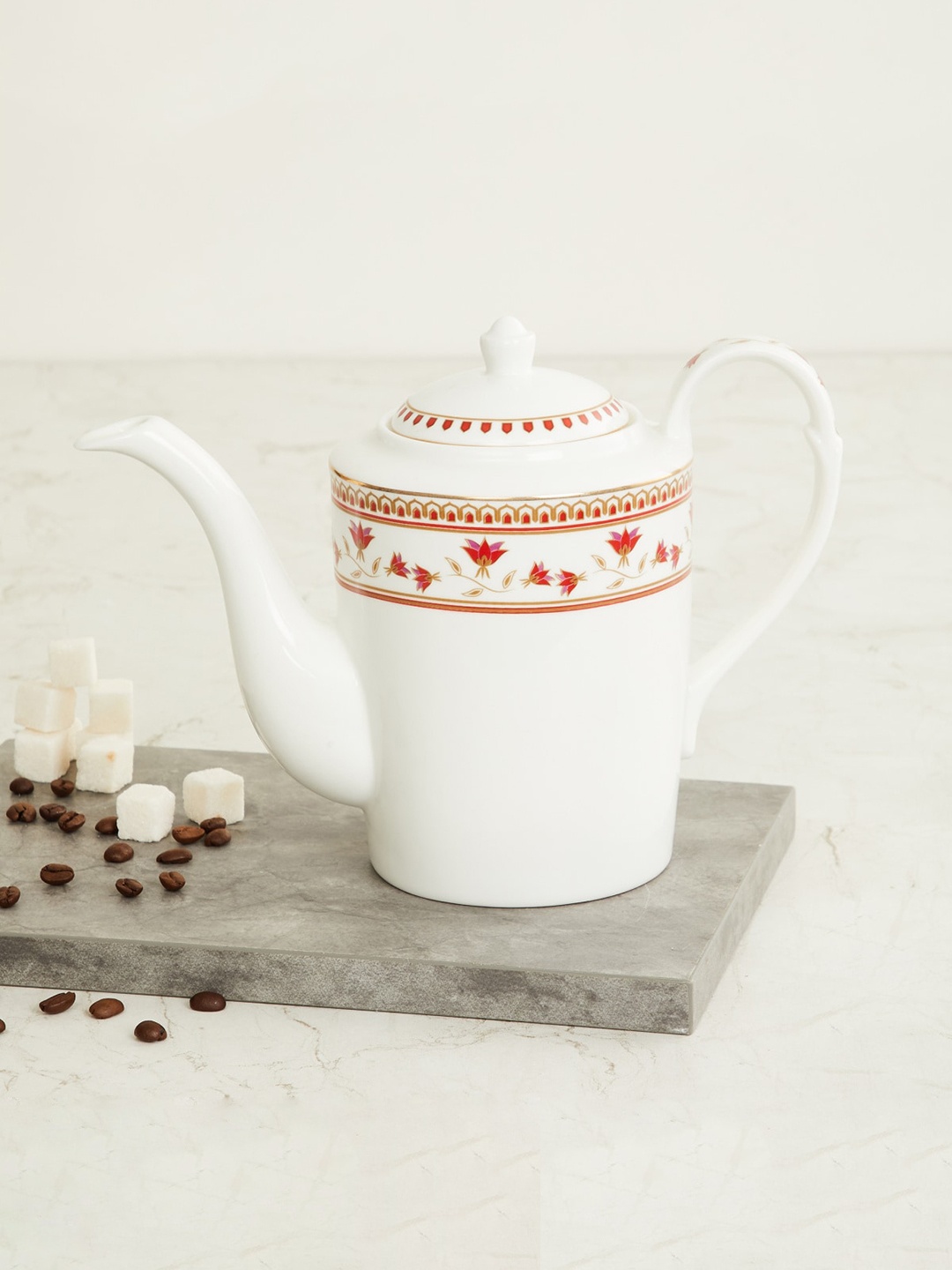 

Home Centre White & Red Foley Printed Bone China Tea Pot