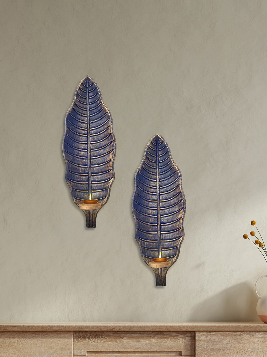 

Art Street Set of 2 Leaf Shape Tea Light Candle Holders, Blue