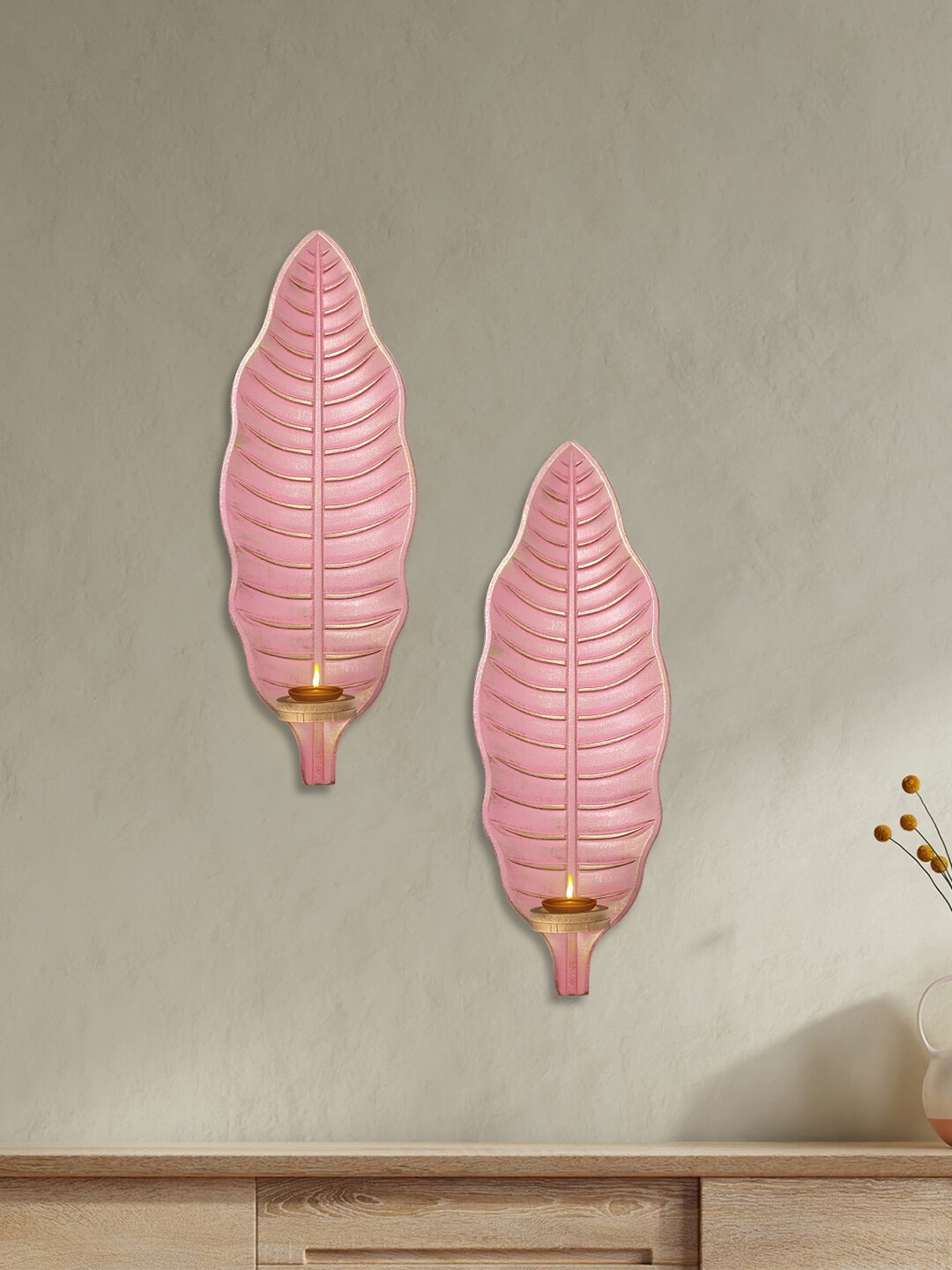 

Art Street Set Of 2 Pink & Gold Toned Leaf Shape Tea Light Candle Holders