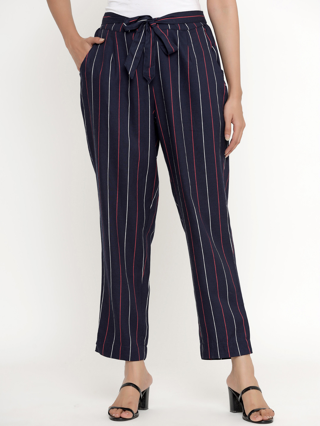 

DIVYANK Women Navy Blue Striped Palazzos