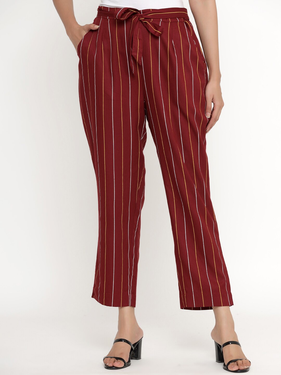 

DIVYANK Women Maroon & Yellow Striped Palazzos