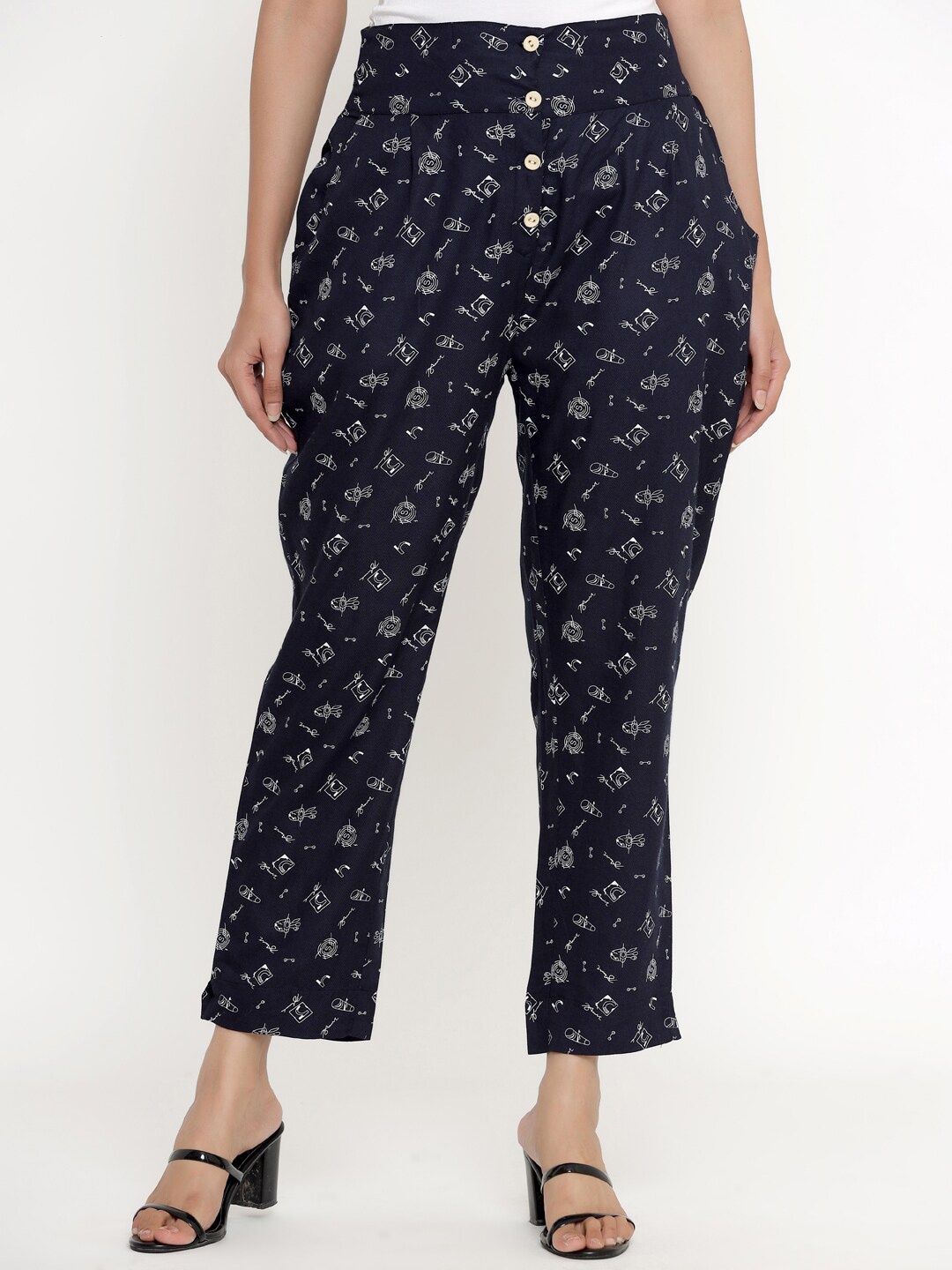 

DIVYANK Women Navy Blue & White Printed Palazzos