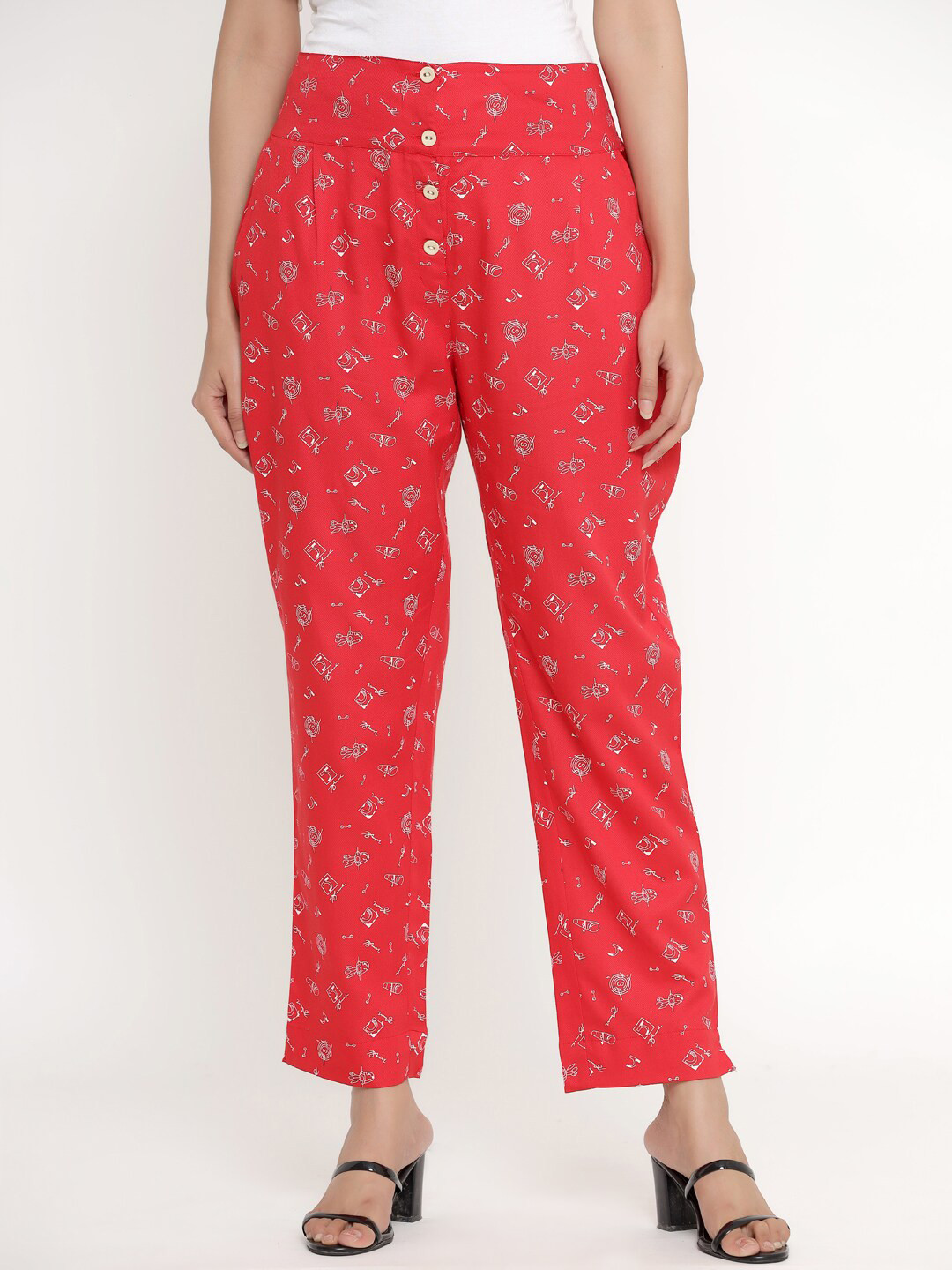 

DIVYANK Women Red Printed High-Rise Trousers