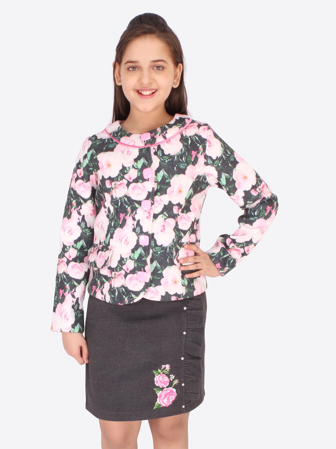 

CUTECUMBER Girls Grey & Pink Floral Printed Top & Skirt