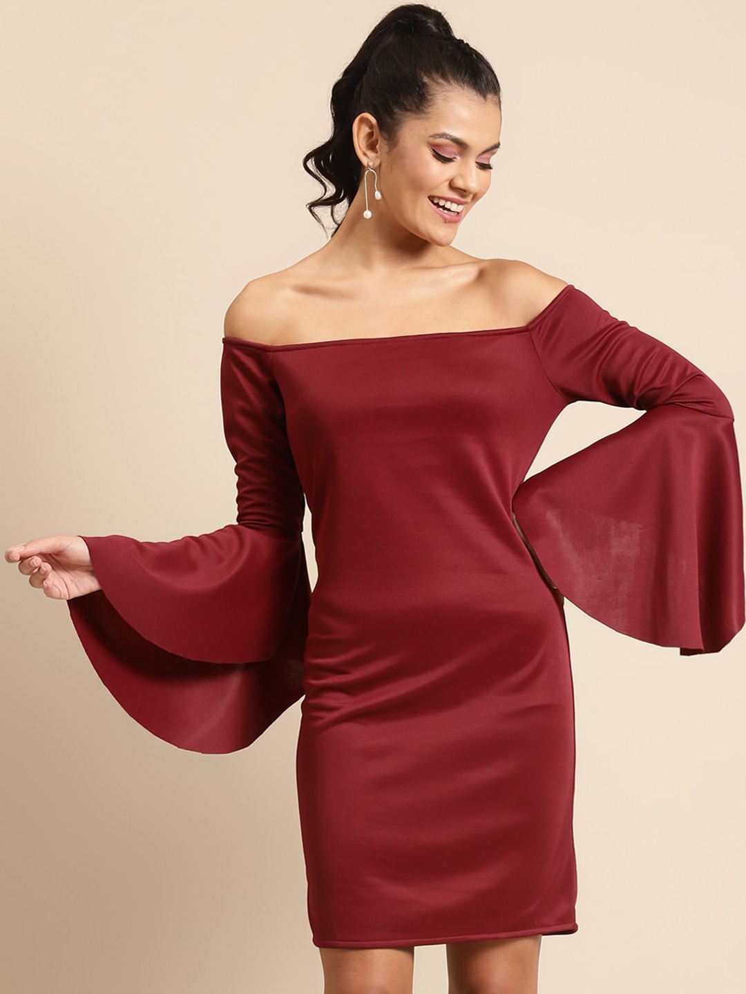 

DODO & MOA Maroon Off-Shoulder Scuba Sheath Dress