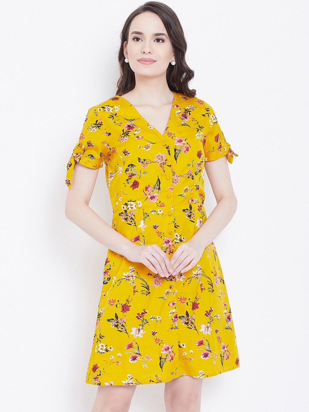 

DODO & MOA Yellow Floral Crepe A-Line Dress