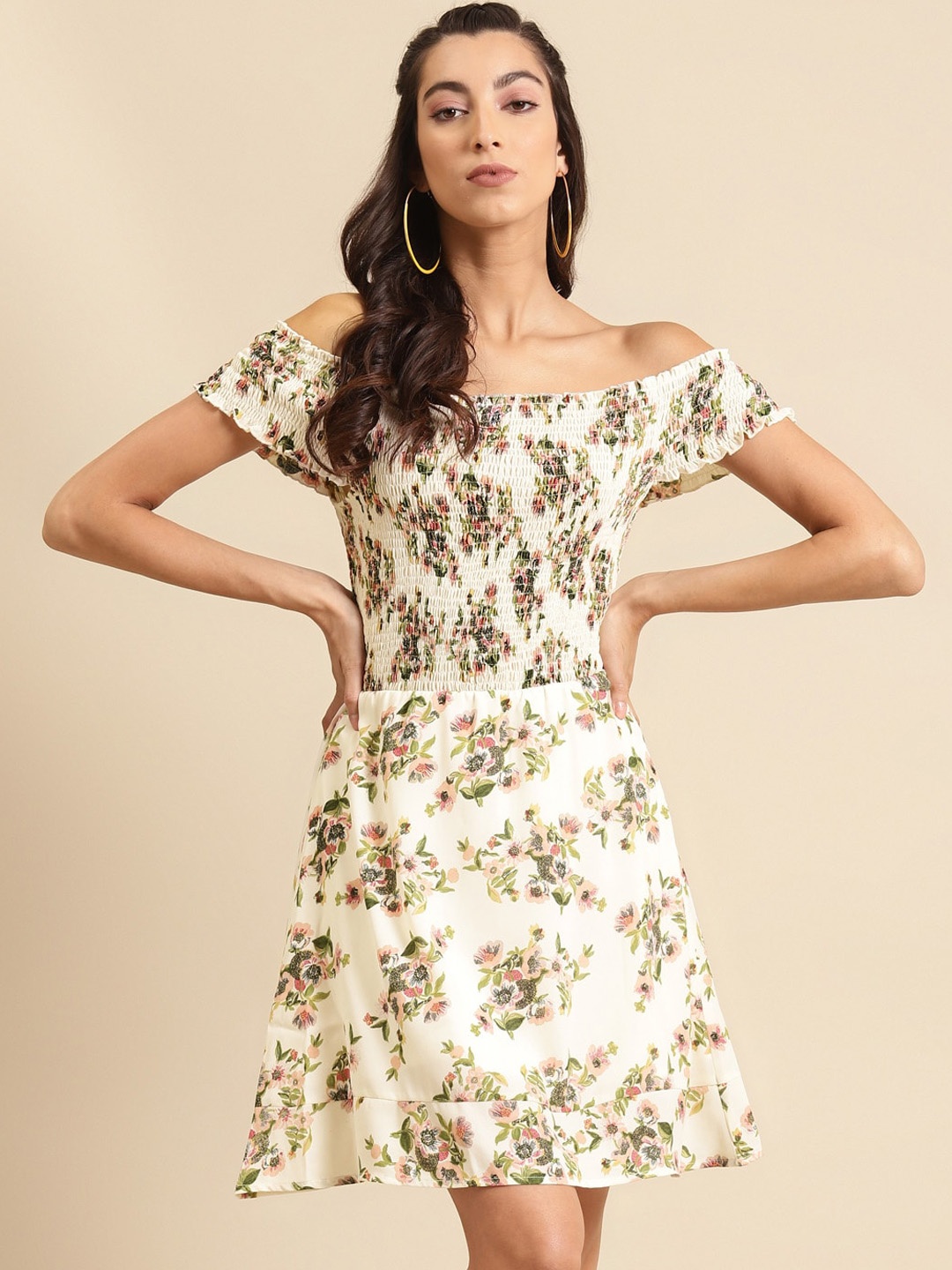 

DODO & MOA Off White Floral Off-Shoulder Crepe Dress