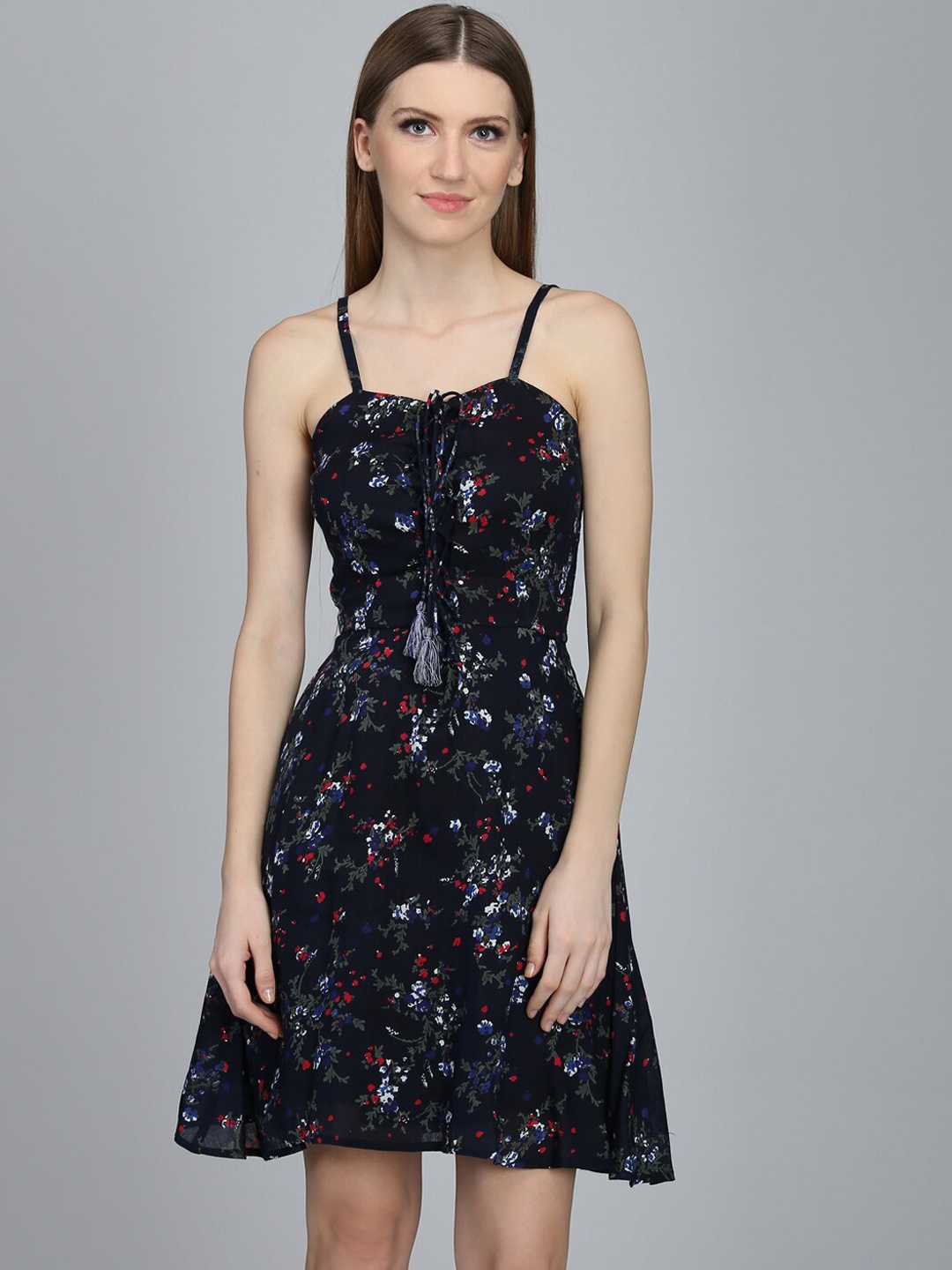 

DODO & MOA Navy Blue Floral Printed Fit & Flare Mini Dress