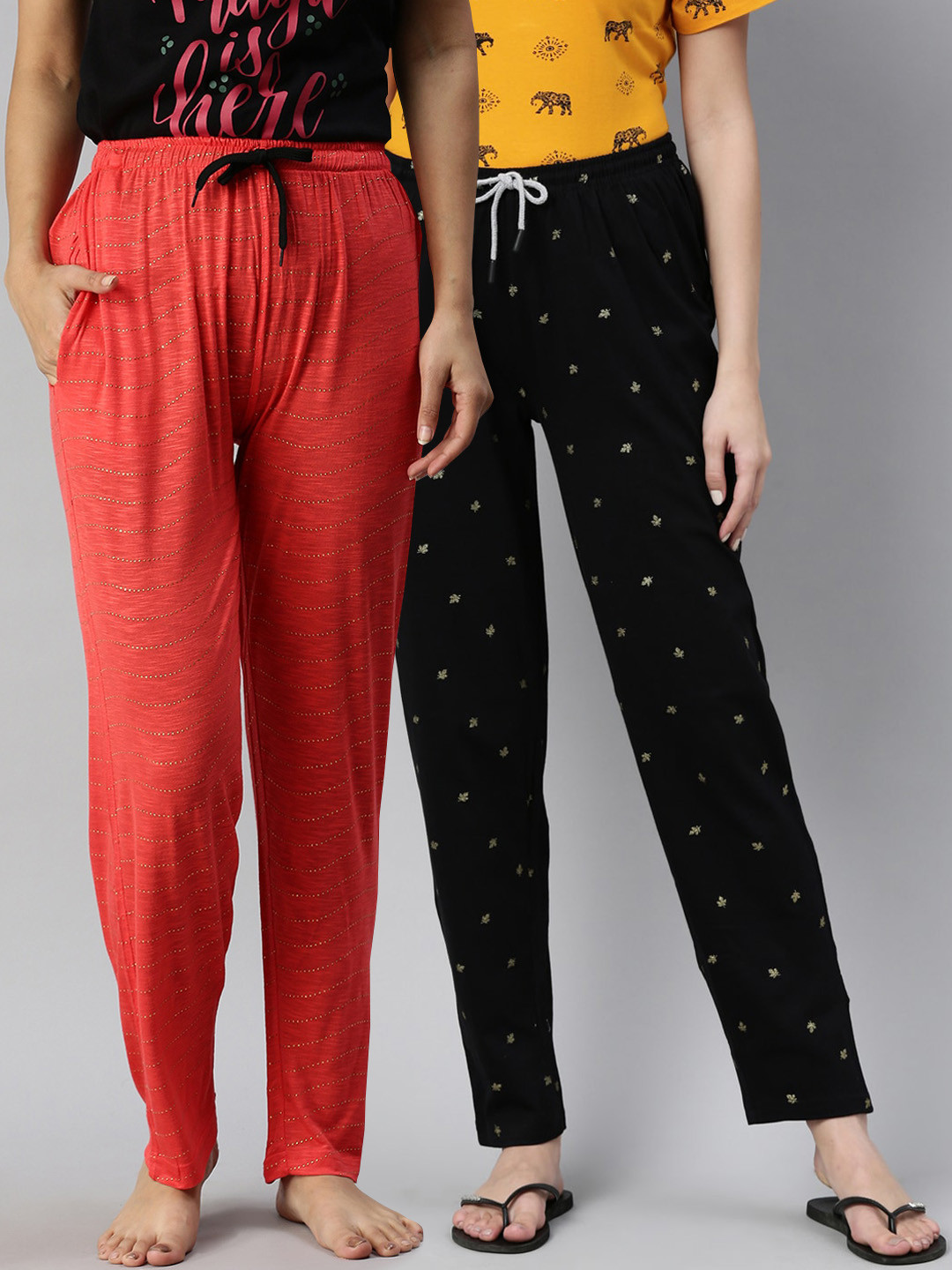 

Kryptic Women Pack of 2 Printed Cotton Lounge Pants, Black