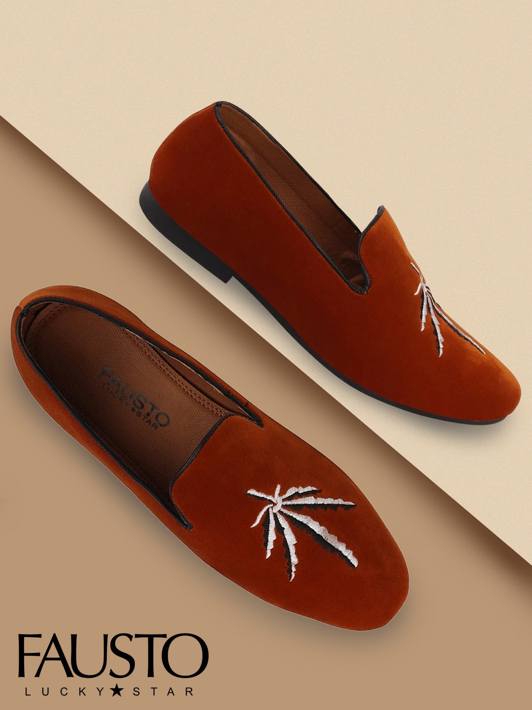 

FAUSTO Men Rust Velvet Embroidered Loafers